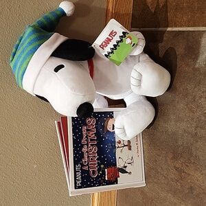 Peanuts Snoopy Stuffed Animal with Blue and Green Hat And Book